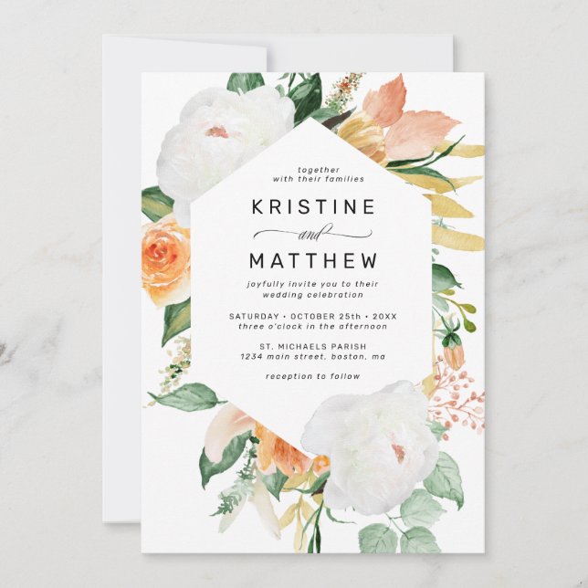Elegant Peach White Watercolor Floral Wedding Invitation (Front)
