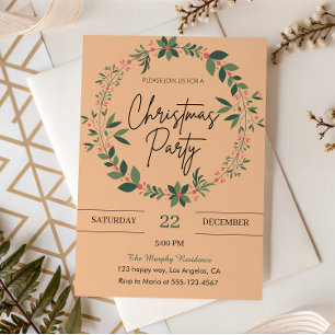 Elegant Peach Wreath Christmas Party  Invitation
