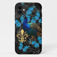 Elegant Peacock and blue butterflies on black