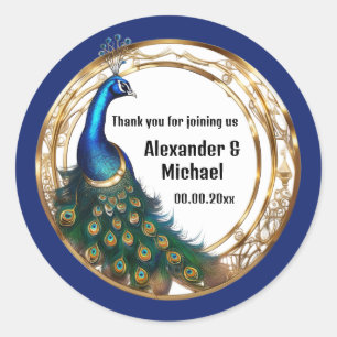 Elegant peacock art nouveau frame thank you classic round sticker