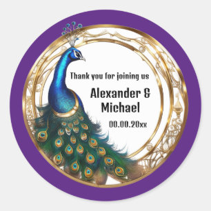 Elegant peacock art nouveau frame thank you purple classic round sticker
