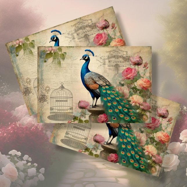 Elegant Peacock Birdcage Floral Ephemera Decoupage Tissue Paper (Creator Uploaded)