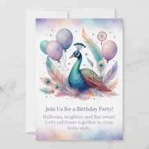 Elegant Peacock Birthday Invitation Boho