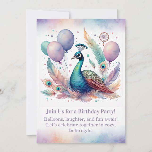 Elegant Peacock Birthday Invitation  Boho  (Front)