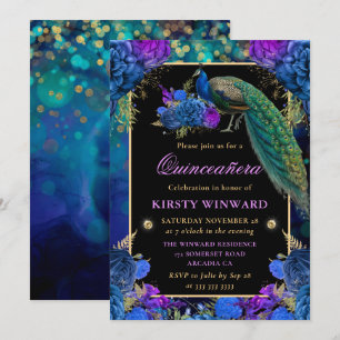 Elegant Peacock & Blue Floral Quinceanera Invitation
