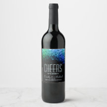 Elegant peacock colour bokeh wedding wine label