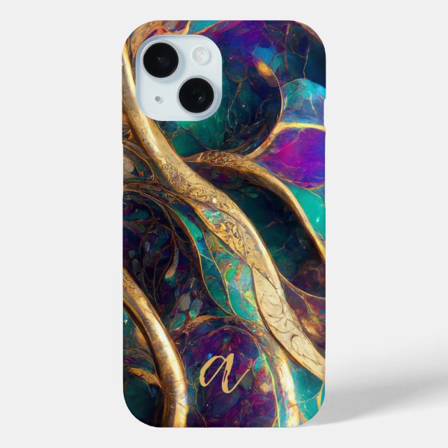 Elegant Peacock Colour Gold Vein Marble Monogramme Case-Mate iPhone Case (Back)