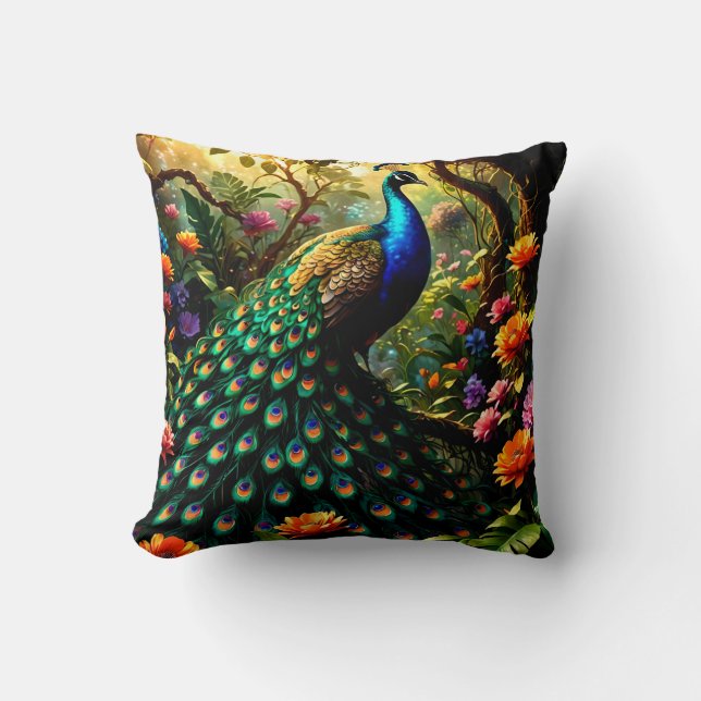 Elegant Peacock Displaying Feathers Cushion (Front)