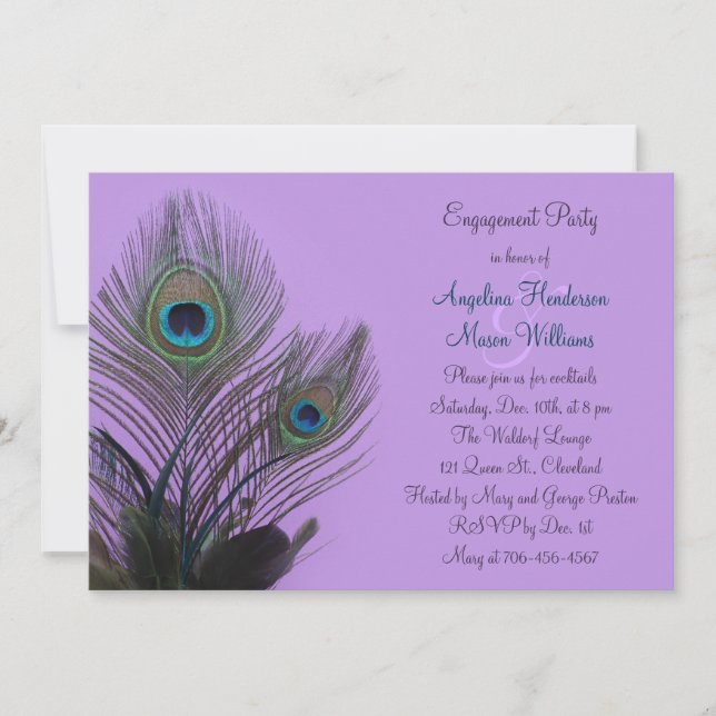 Elegant Peacock Engagement Invitation (purple) (Front)