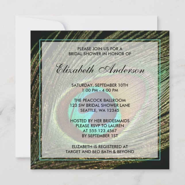 Elegant Peacock Feather Bridal Shower Invitations (Front)