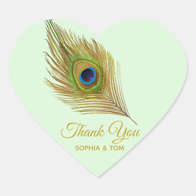 Elegant peacock feather golden Thank You Heart Sticker (Front)