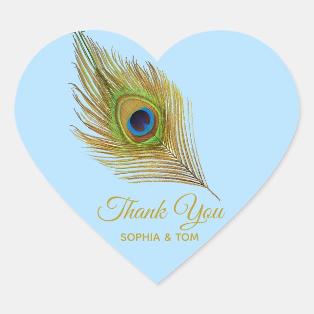 Elegant peacock feather golden Thank You Heart Sticker (Front)