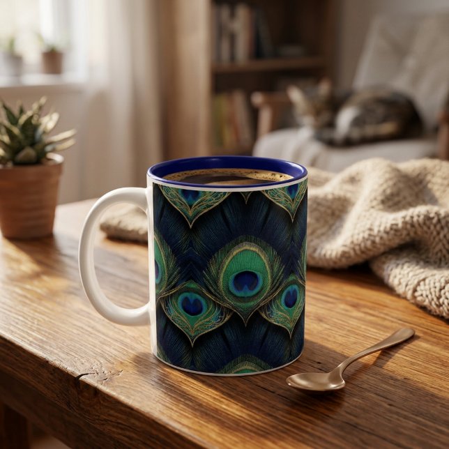 Elegant Peacock Feather Pattern in Deep Jewel Tone Two-Tone Coffee Mug (Elegant Peacock Feather Pattern in Deep Jewel Tone Two-Tone Coffee Mug)