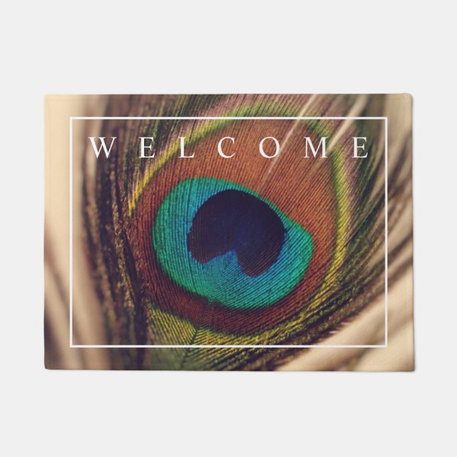 Elegant peacock feather photo welcome door mat (Front)