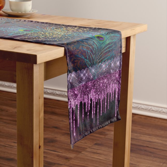 Elegant Peacock Feather Purple Damask Gold Glitter Long Table Runner (In Situ)