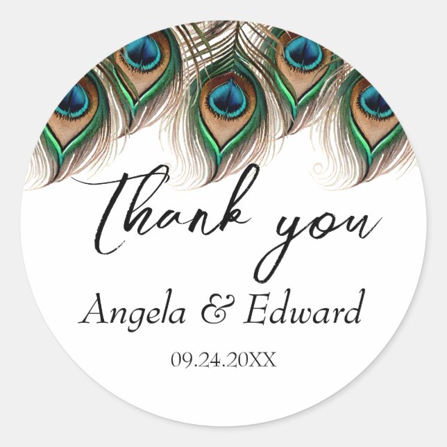 Elegant Peacock Feather Wedding Classic Round Sticker (Front)
