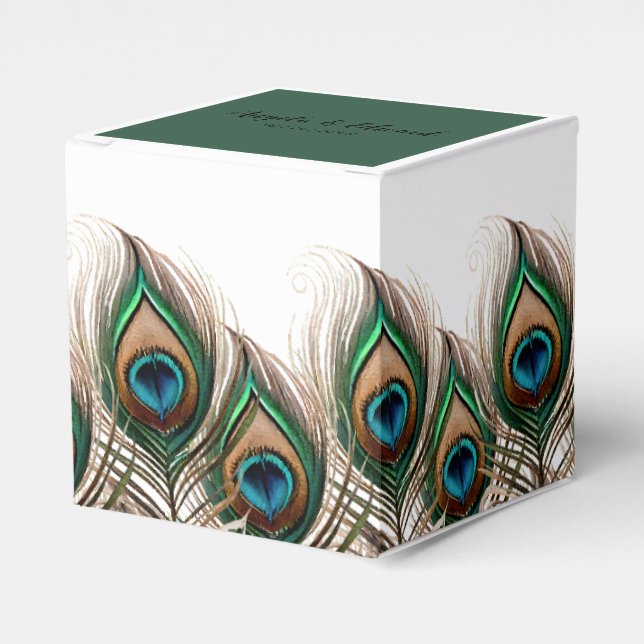Elegant Peacock Feather Wedding Favour Box (Front Side)