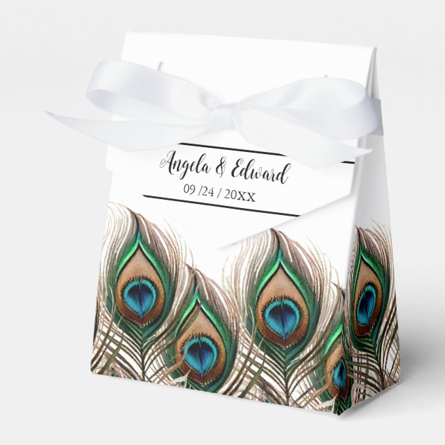 Elegant Peacock Feather Wedding Favour Box (Front Side)