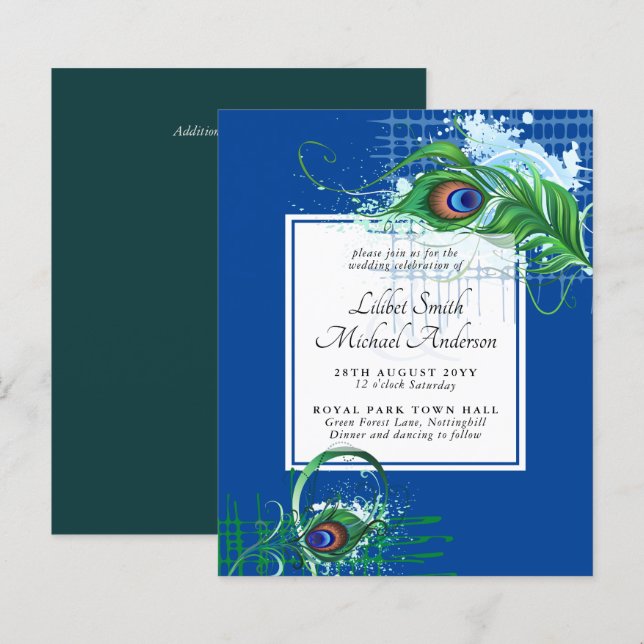 Elegant PEACOCK FEATHER Wedding Invite BUDGET (Front/Back)