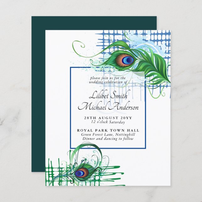 Elegant PEACOCK FEATHER Wedding Invite BUDGET (Front/Back)