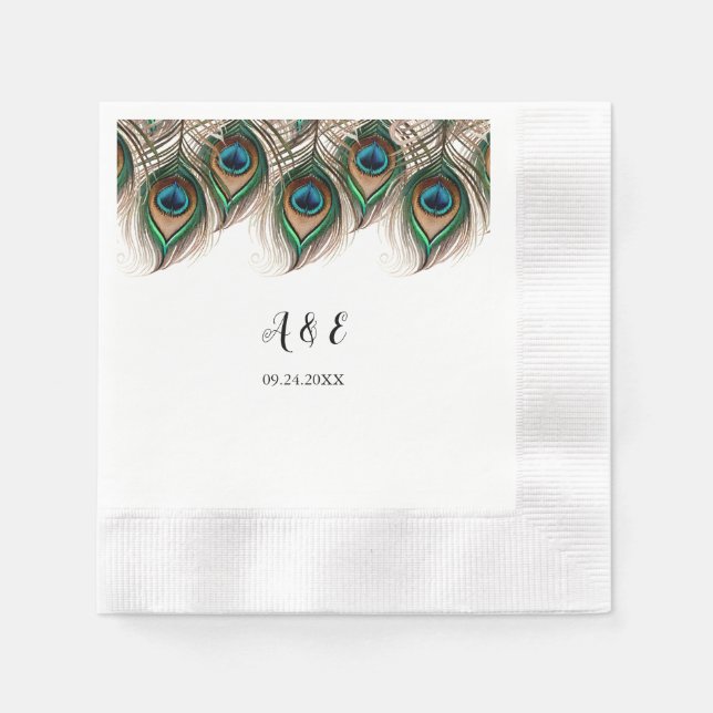 Elegant Peacock Feather Wedding Napkins (Front)