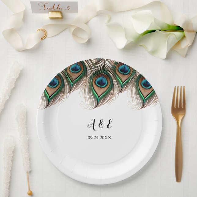Elegant Peacock Feather Wedding Paper Plate (Wedding)
