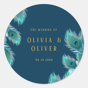 Elegant Peacock Feathers and Gold Wedding Classic Round Sticker