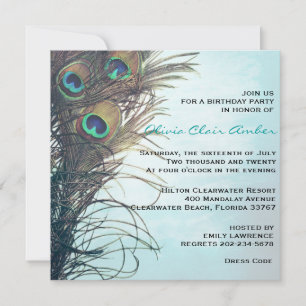Elegant Peacock Feathers Birthday Party Invite