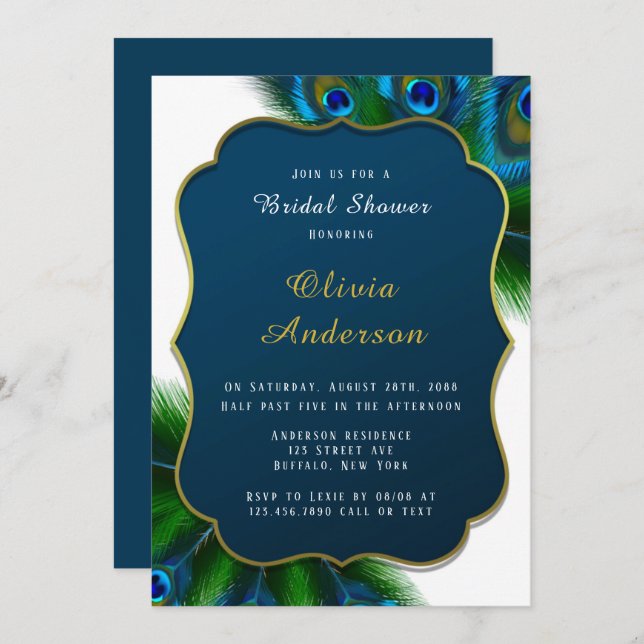 Elegant Peacock Feathers Gold Bridal Shower Invitation (Front/Back)