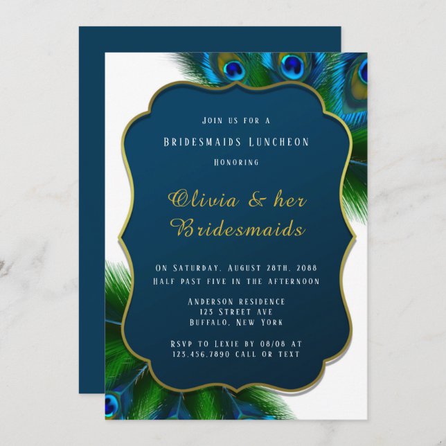 Elegant Peacock Feathers Gold Bridesmaids Luncheon Invitation (Front/Back)
