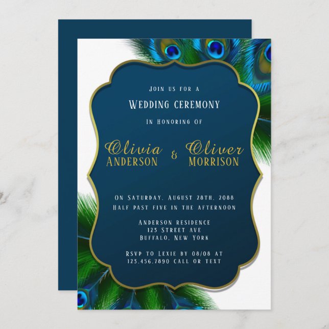 Elegant Peacock Feathers Gold Wedding Invitation (Front/Back)