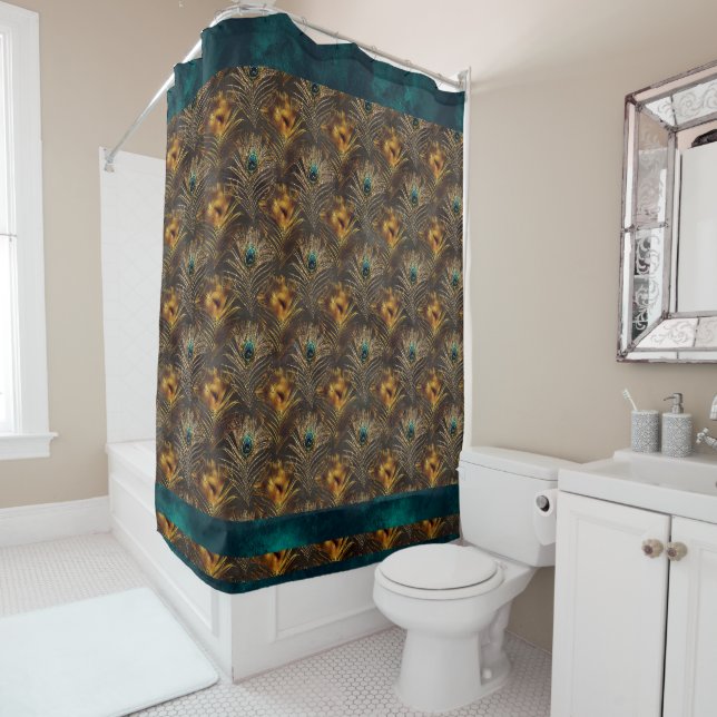 Elegant Peacock Feathers Metallic Teal Chic Shower Curtain (In Situ)