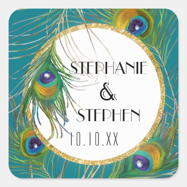 Elegant Peacock Feathers w Gold Glitter Weddings Square Sticker (Front)