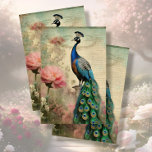 Elegant Peacock Floral French Ephemera Decoupage Tissue Paper<br><div class="desc">VERTICAL LEFT FACING image 4 of 4 large scale French Floral Peacock for decoupage, 2 horizontal & 2 vertical. An elegant, French floral vintage ephemera collage a beautiful peacock in a formal rose garden setting. Aged distressed parchment paper cream background with a faint crackle texture that adds an aged and...</div>