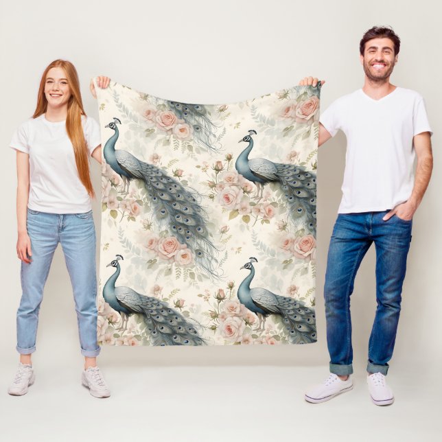 Elegant Peacock Floral Vintage (2) Fleece Blanket (In Situ)