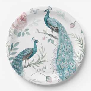 Elegant Peacock Floral Vintage (8) Paper Plate