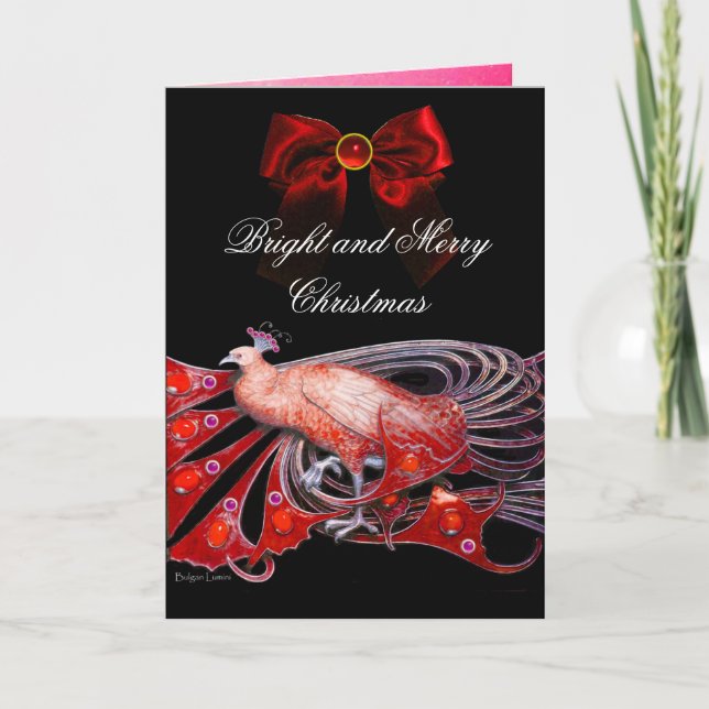 ELEGANT PEACOCK, GEM STONES AND RED CHRISTMAS BOW HOLIDAY CARD (Front)