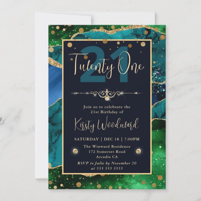 Elegant Peacock Glitter Agate Birthday Party Invitation (Front)
