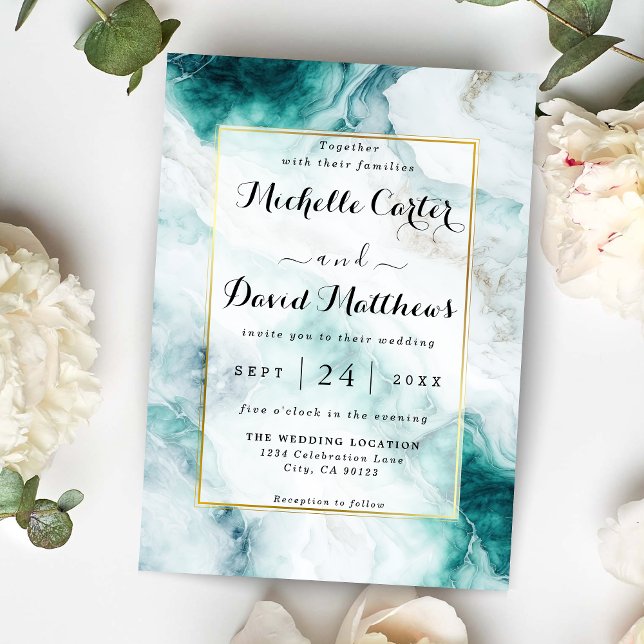 Elegant Peacock Green Marble Wedding Invitation (Creator Uploaded)