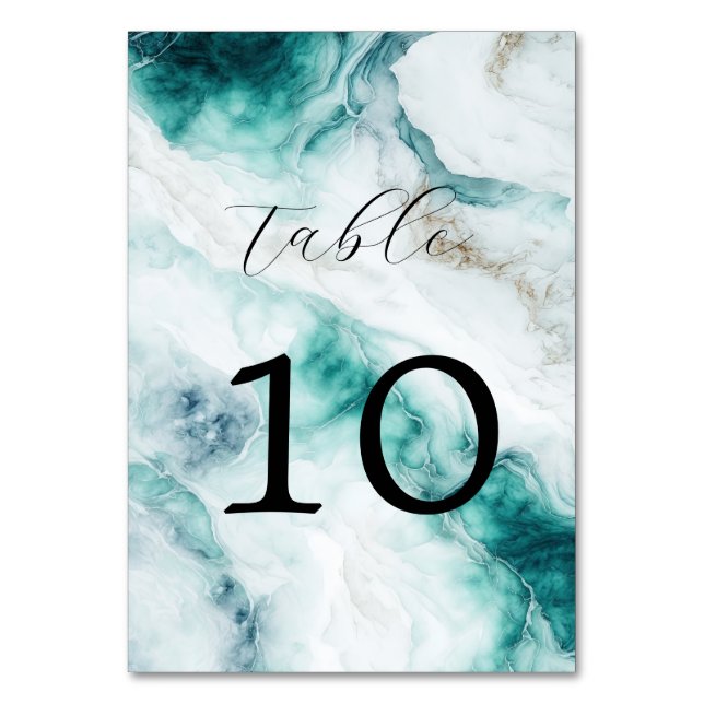 Elegant Peacock Green Marble Wedding  Table Number (Front)