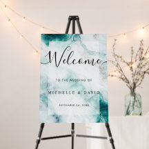 Elegant Peacock Green Marble Wedding Welcome Sign