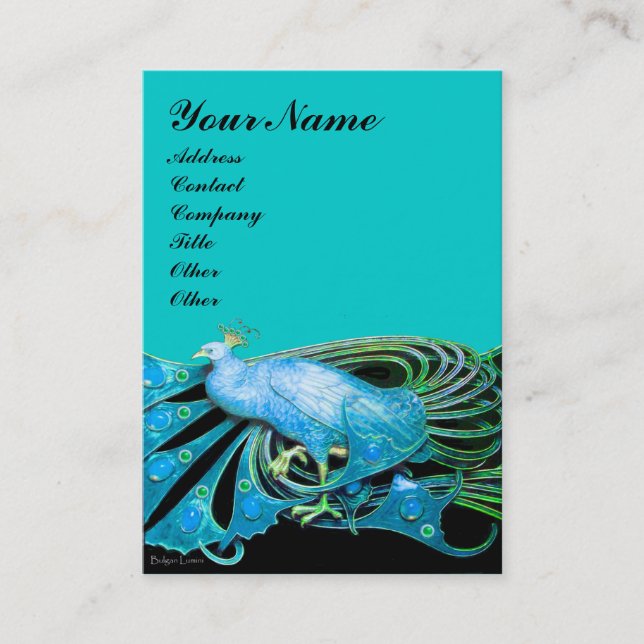 ELEGANT PEACOCK IN AQUA BLUE TEAL GREEN,BLACK BUSINESS CARD (Front)