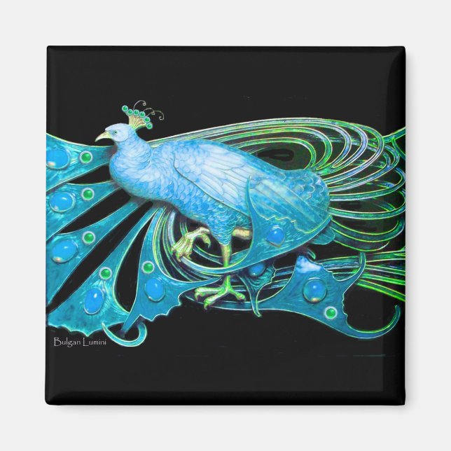 ELEGANT PEACOCK IN AQUA BLUE TEAL GREEN,BLACK MAGNET (Front)