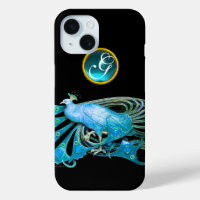 ELEGANT PEACOCK IN BLUE , AQUAMARINE MONOGRAM