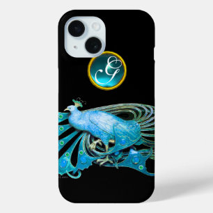 ELEGANT PEACOCK IN BLUE , AQUAMARINE MONOGRAM iPhone 15 CASE