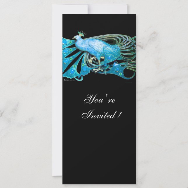 ELEGANT PEACOCK IN BLUE  BLACK TEAL WEDDING PARTY INVITATION (Front)