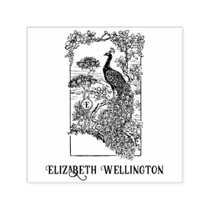 Elegant Peacock in Garden Name Initial Self-inking Stamp