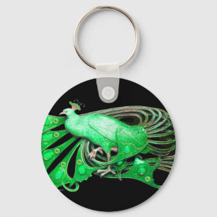 ELEGANT PEACOCK IN GREEN AND BLACK KEY RING