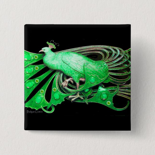 ELEGANT PEACOCK IN GREEN,BLACK 15 CM SQUARE BADGE (Front)