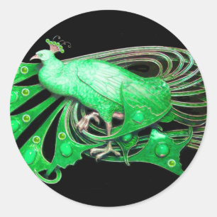 ELEGANT PEACOCK IN GREEN,BLACK CLASSIC ROUND STICKER